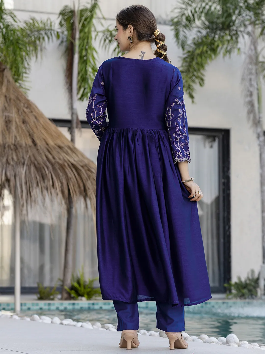 Silk Embroidered Kurti Pant Set with Matching Dupatta