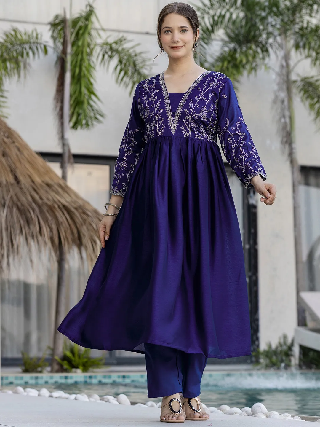 Silk Embroidered Kurti Pant Set with Matching Dupatta