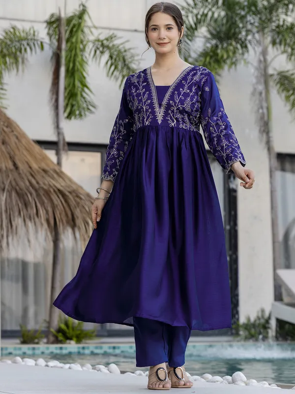 Silk Embroidered Kurti Pant Set with Matching Dupatta