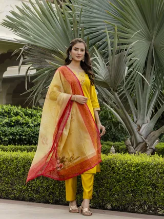 Rayon Embroidered Kurti Pant Set with Taby Dupatta for Women