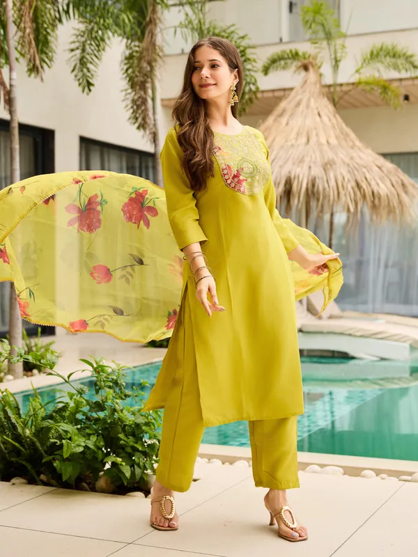 Yellow  Kurti Pant Set with Taby Dupatta