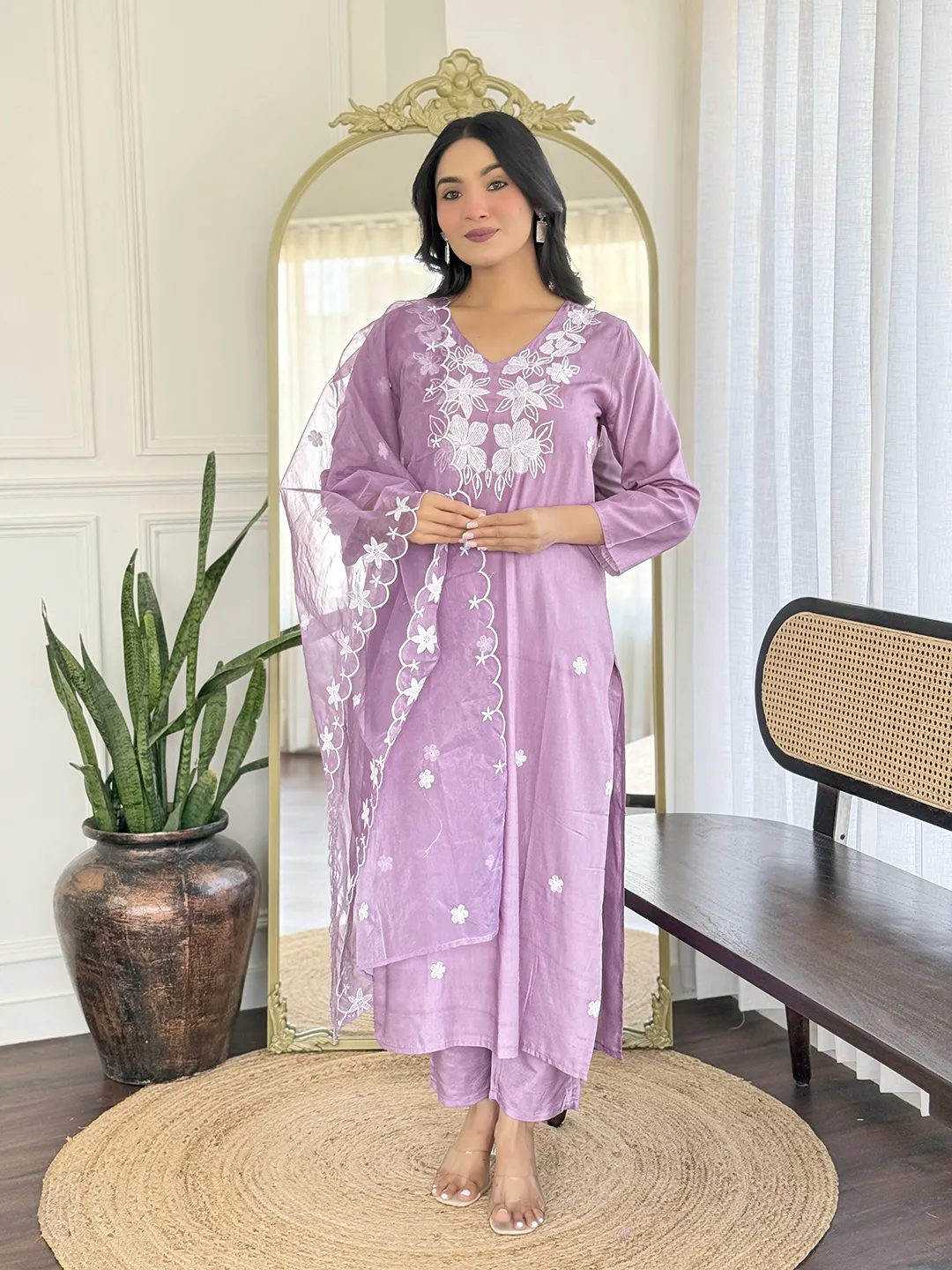 Lavender  Kurti Pant Set with Organza Dupatta