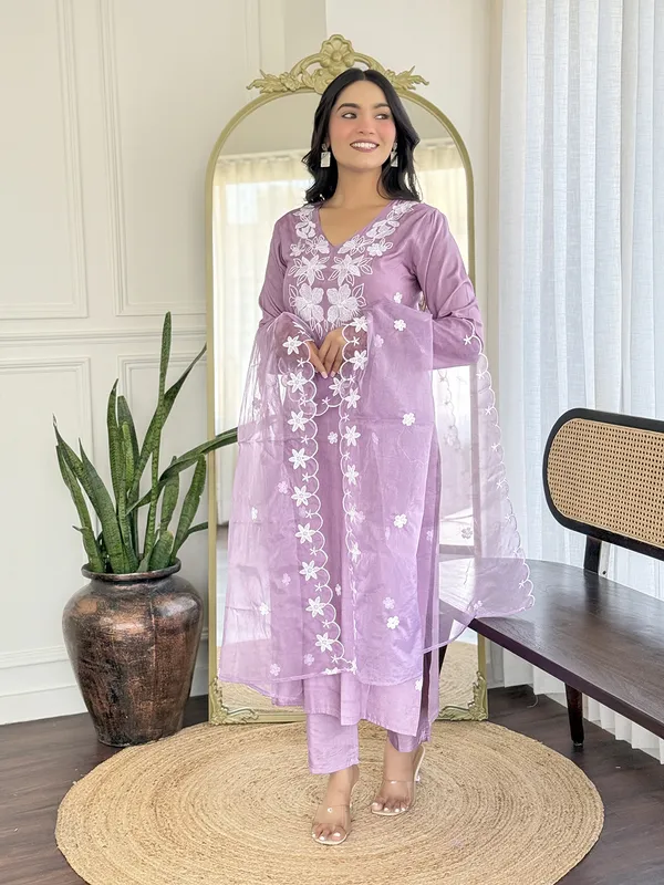 Lavender  Kurti Pant Set with Organza Dupatta