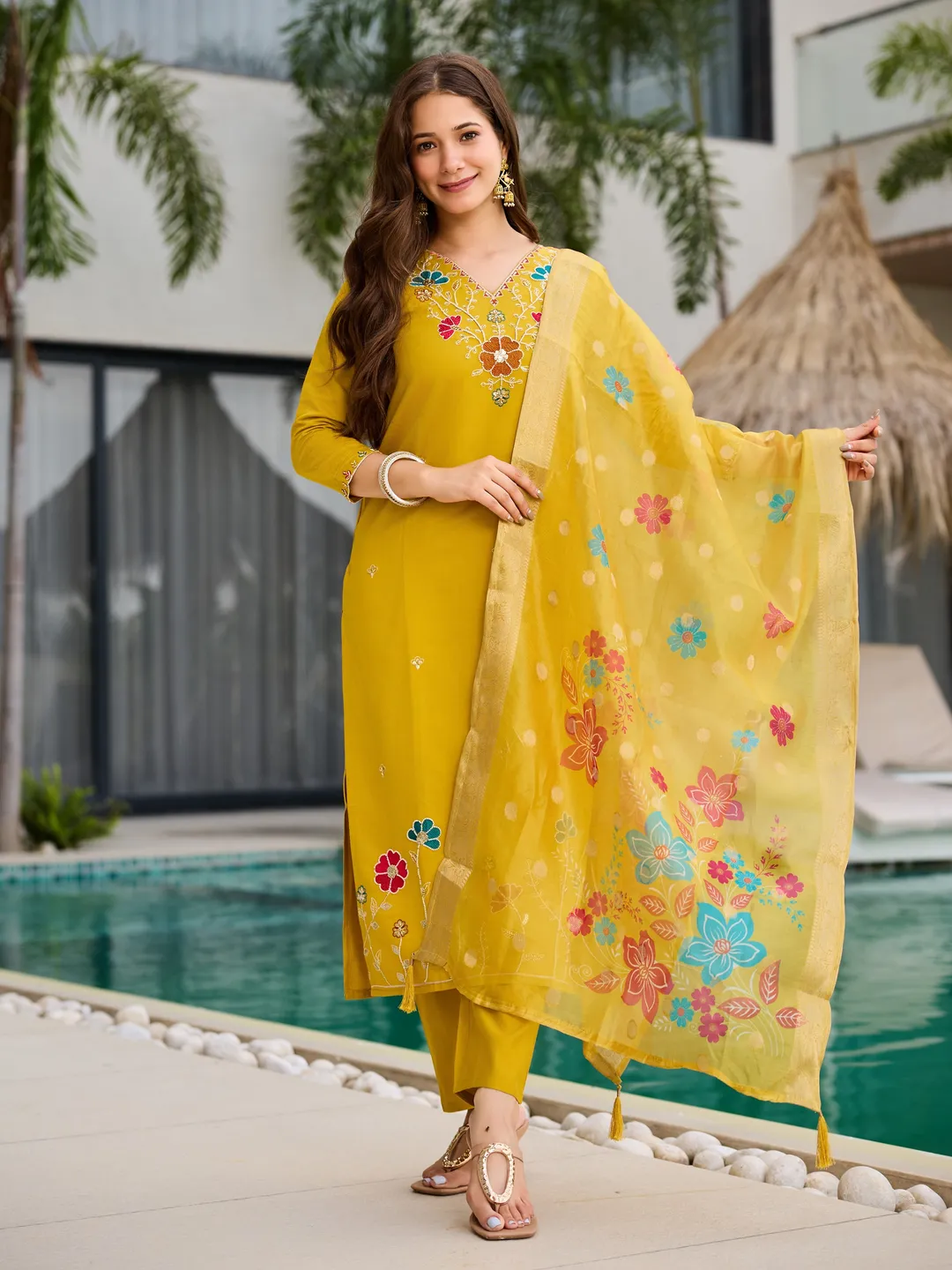 Yellow Kurti with Organza Dupatta