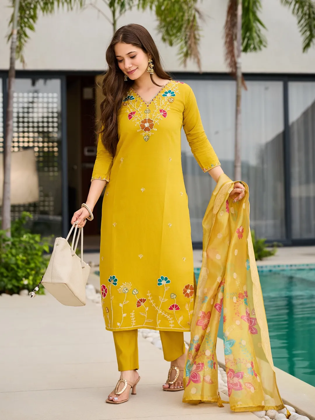 Yellow Kurti with Organza Dupatta