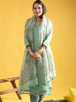 Green Chanderi Embroidered Salwar Suit with Organza Dupatta