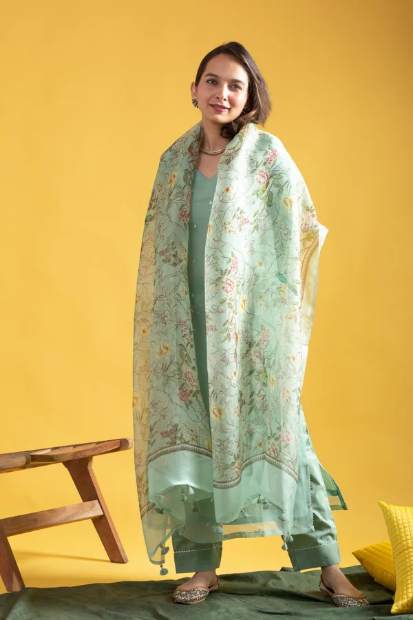 Green Chanderi Embroidered Salwar Suit with Organza Dupatta