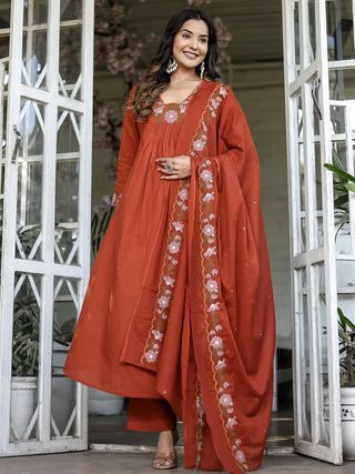 Dark Orange SlubElegance Embroidered Salwar Suit