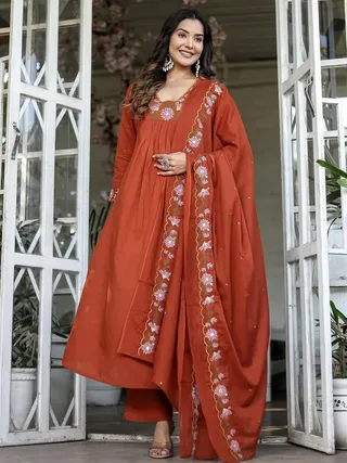 Dark Orange SlubElegance Embroidered Salwar Suit