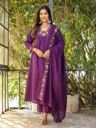 Purple Slubcharm Embroidered Salwar Suit