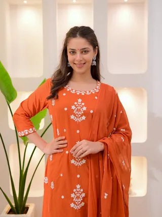 Orange Slubshine Embroidered Salwar Suit