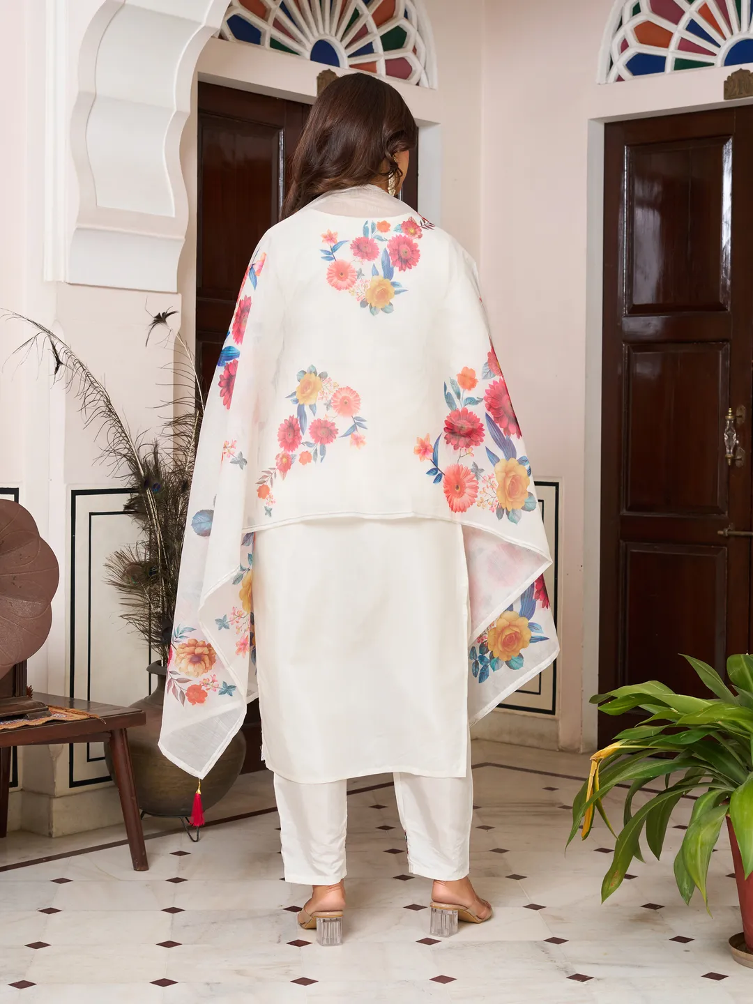 White Chanderi Blossom Salwar Suit