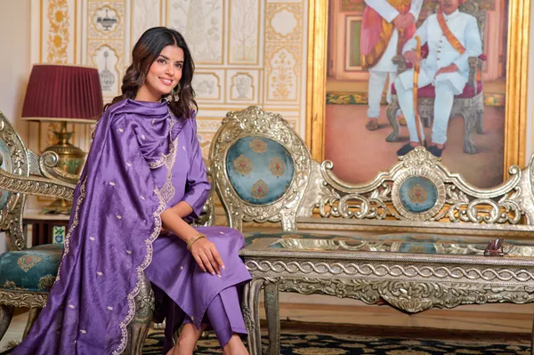 Purple Embroidered Rayon Kurti Set
