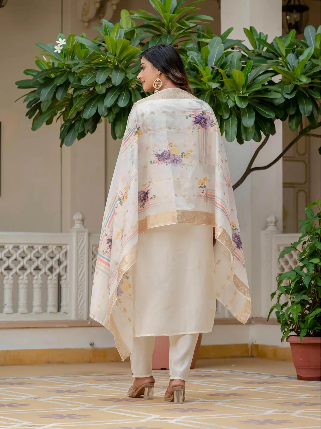 Beige Roman Silk Elite Embroidered Suit Set