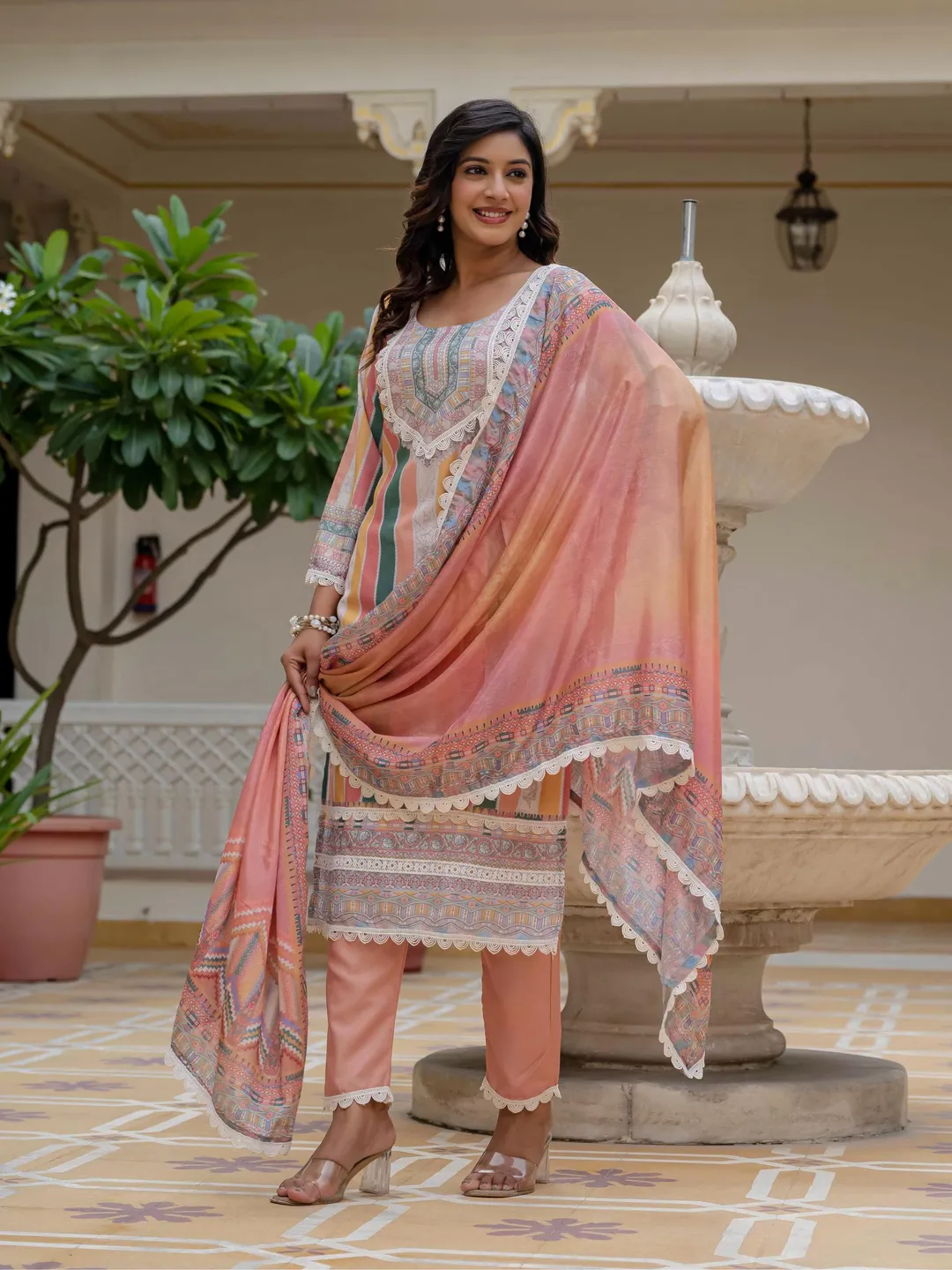 Orange SlubAura Embroidered Suit Set