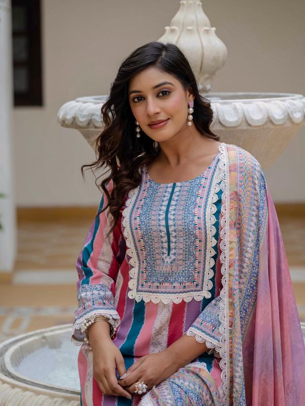 Pink SlubBloom Embroidered Suit Set