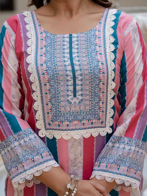 Pink SlubBloom Embroidered Suit Set