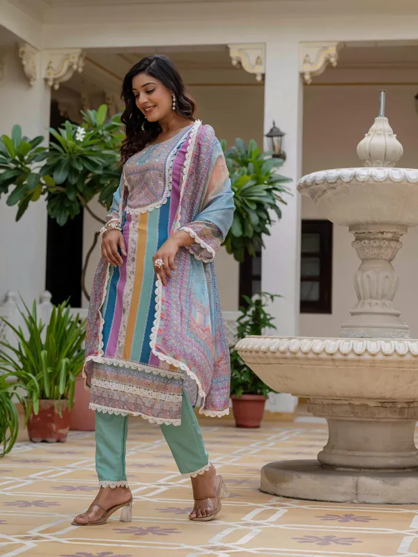 Sky Blue SlubElegance Embroidered Suit Set