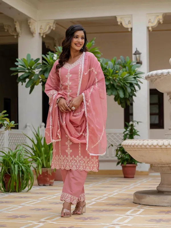 Rosy Pink Silk Embroidered Suit Set