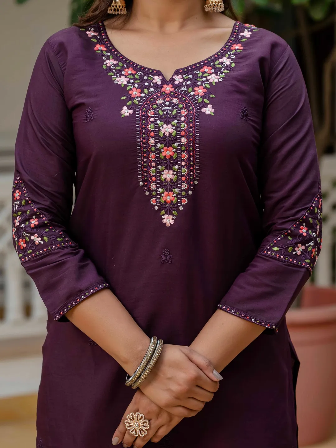 Wine RomanSilk Bandhani Charm Embroidered Salwar suite