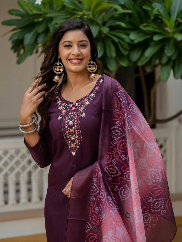 Wine RomanSilk Bandhani Charm Embroidered Salwar suite