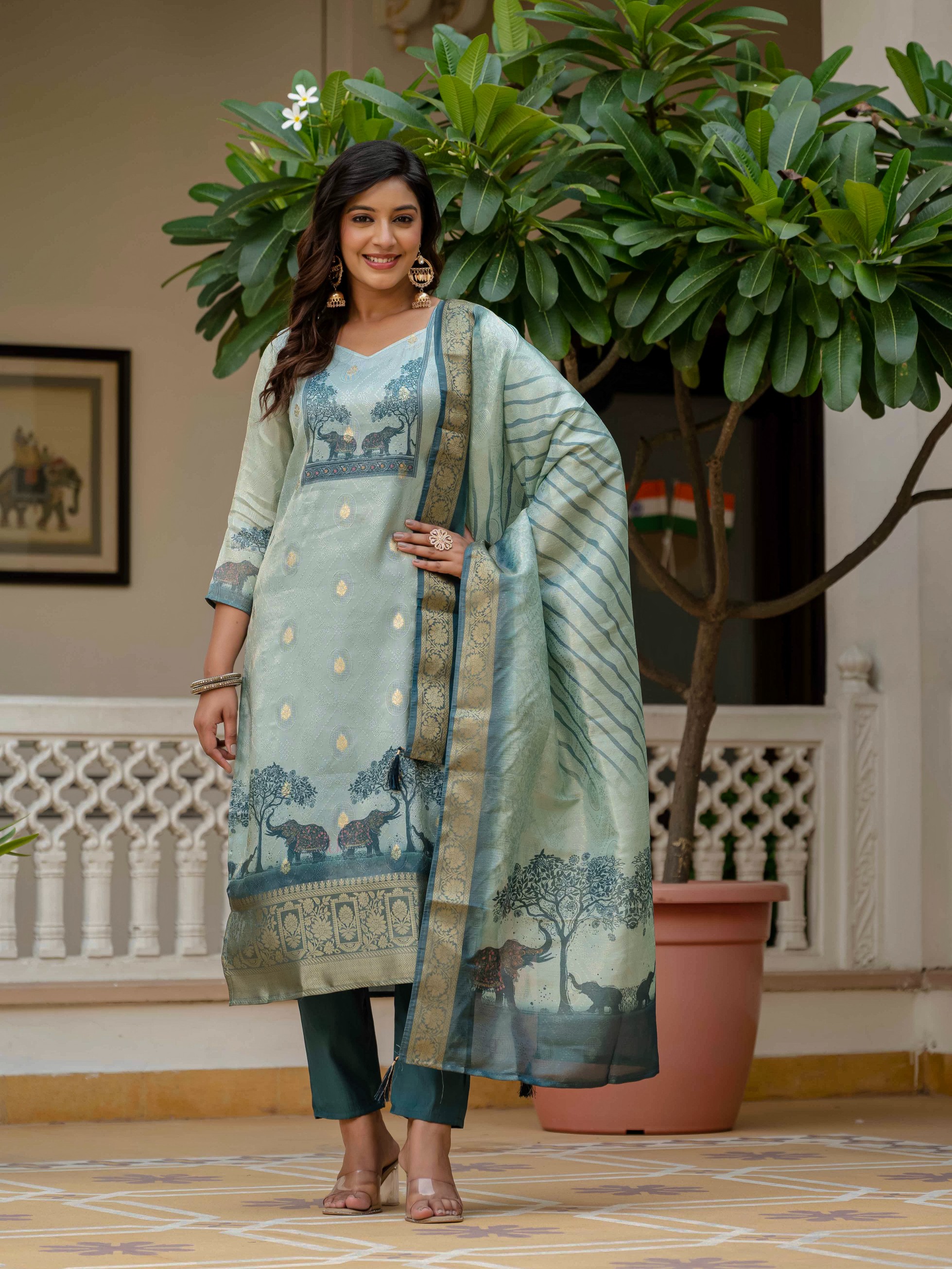 Printed blue jacquard salwar suit