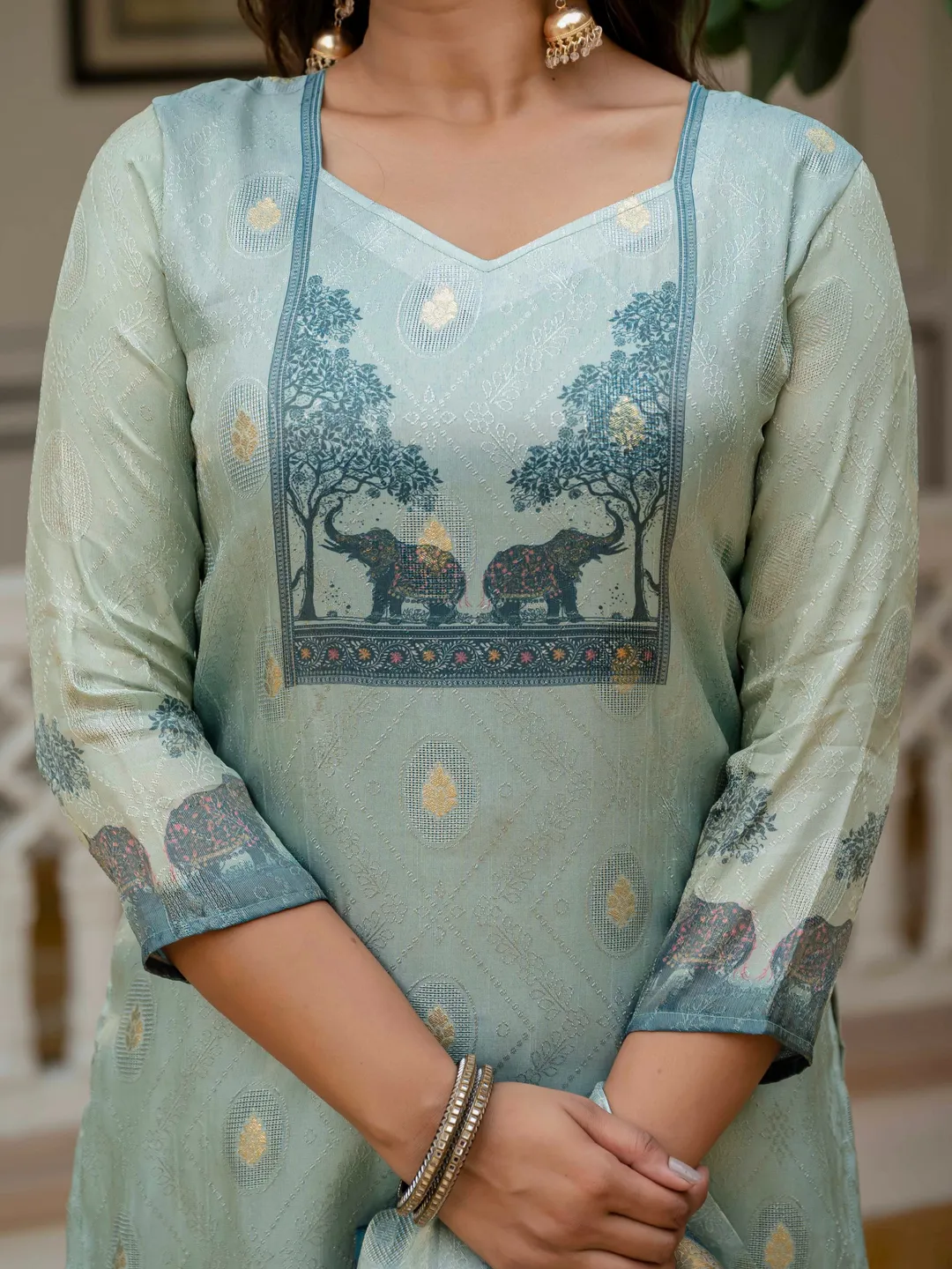 Royal Blue JacquardSilk Heritage Printed Suit Set