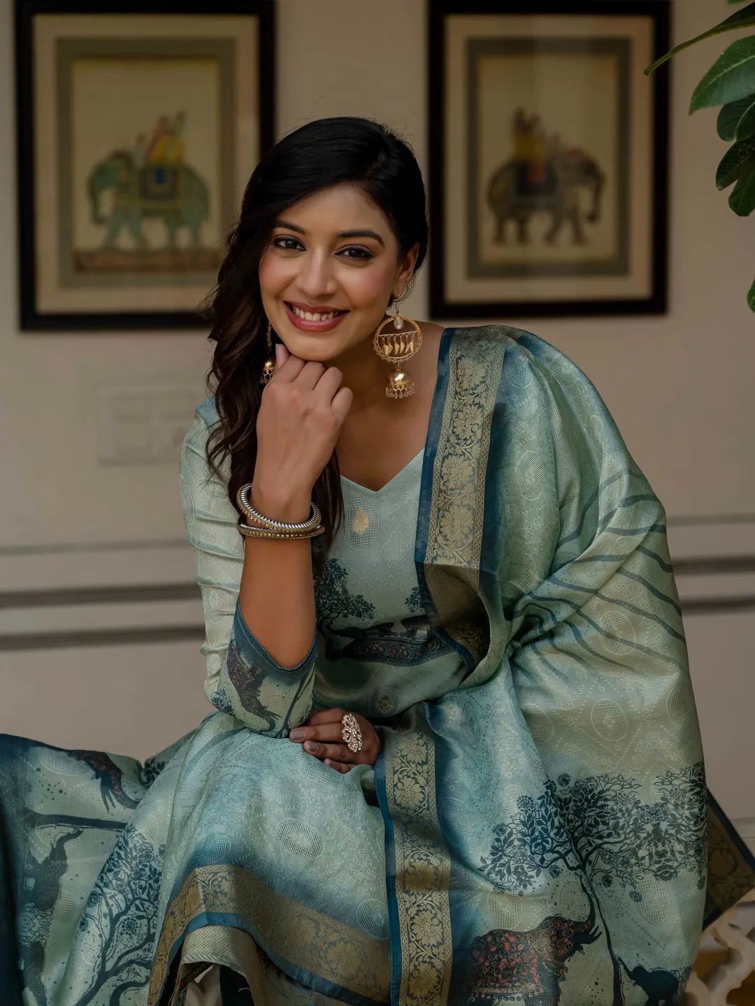Royal Blue JacquardSilk Heritage Printed Suit Set