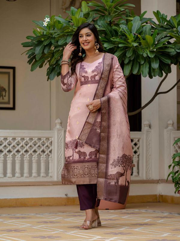 Royal Pink JacquardSilk Classic Printed Suit Set
