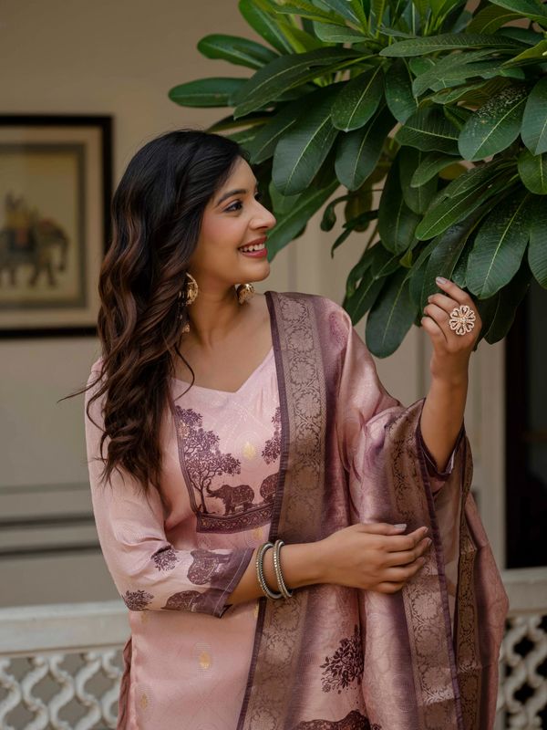 Royal Pink JacquardSilk Classic Printed Suit Set