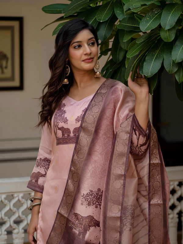 Royal Pink JacquardSilk Classic Printed Suit Set