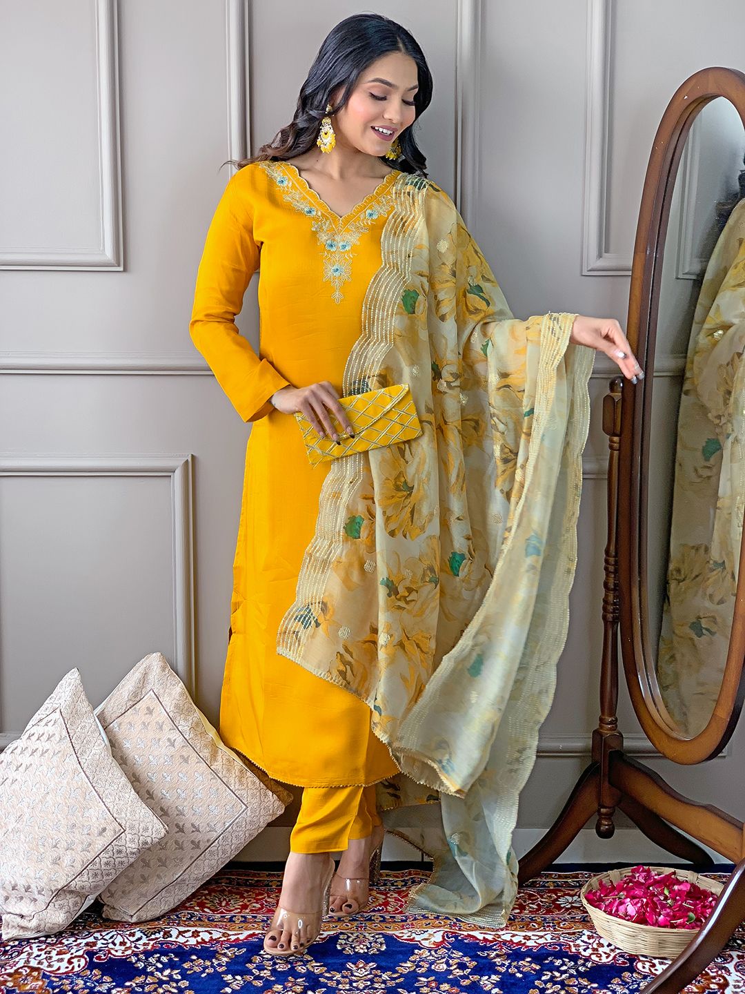 Yellow Readymade Chanderi Embroidered Salwar Suit