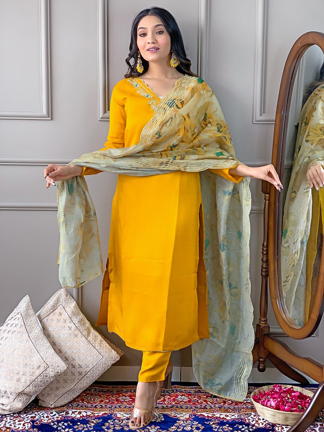 Yellow Readymade Chanderi Embroidered Salwar Suit