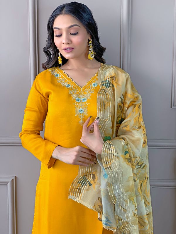 Yellow Readymade Chanderi Embroidered Salwar Suit