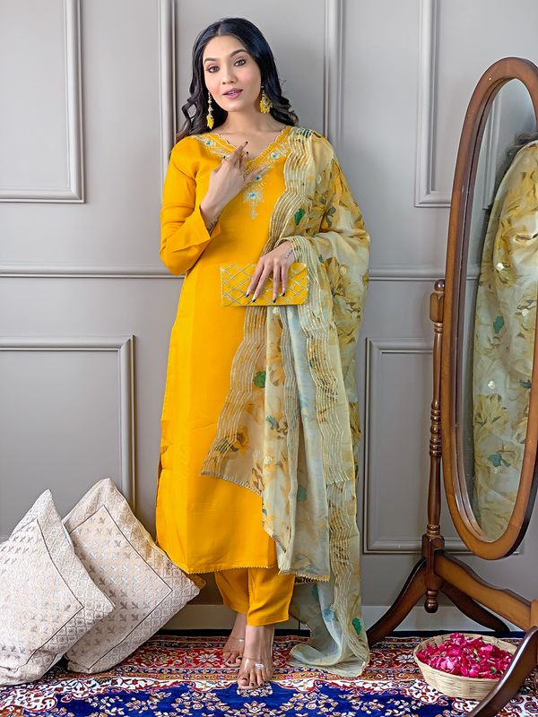 Yellow Readymade Chanderi Embroidered Salwar Suit
