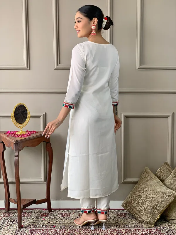 White Embroidered Salwar Suit with Orange Silk-Blend Dupatta