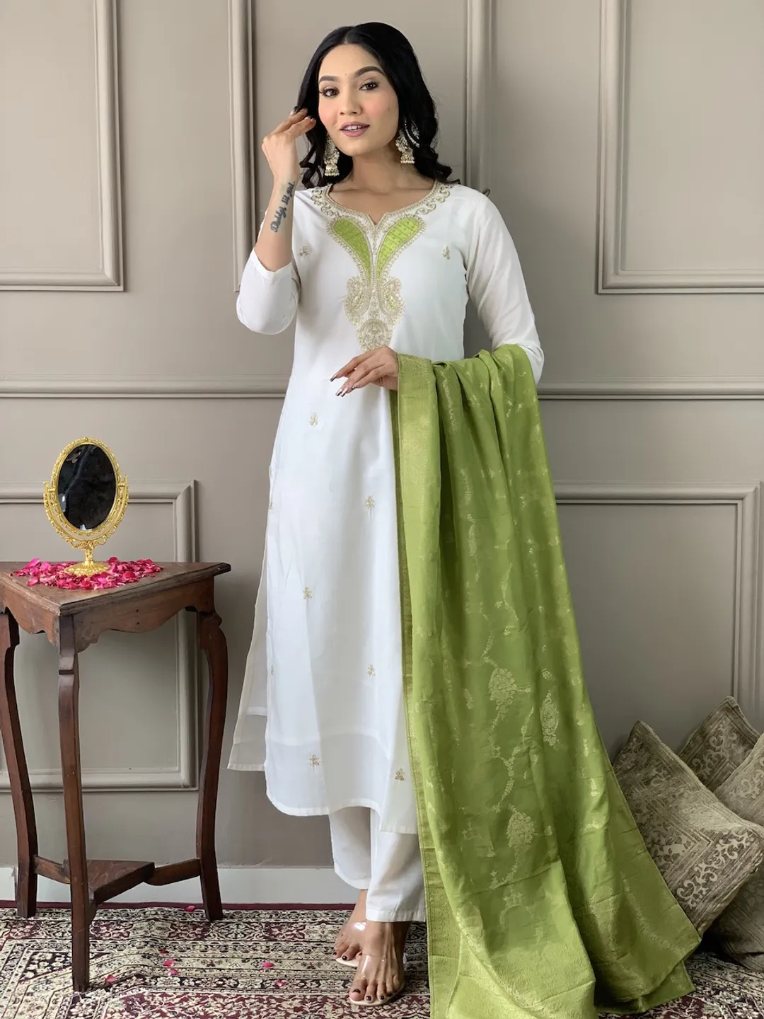 Off White Threadwork Salwar Suit with Green Jacquard Dupatta