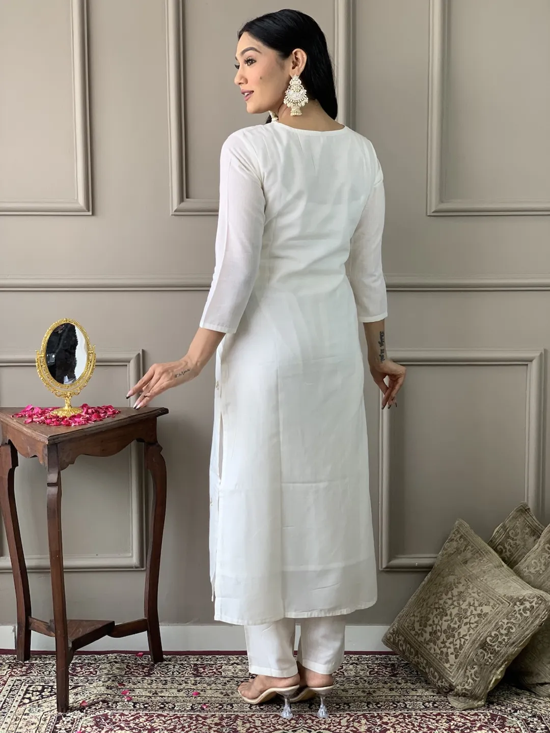 Off White Threadwork Salwar Suit with Green Jacquard Dupatta