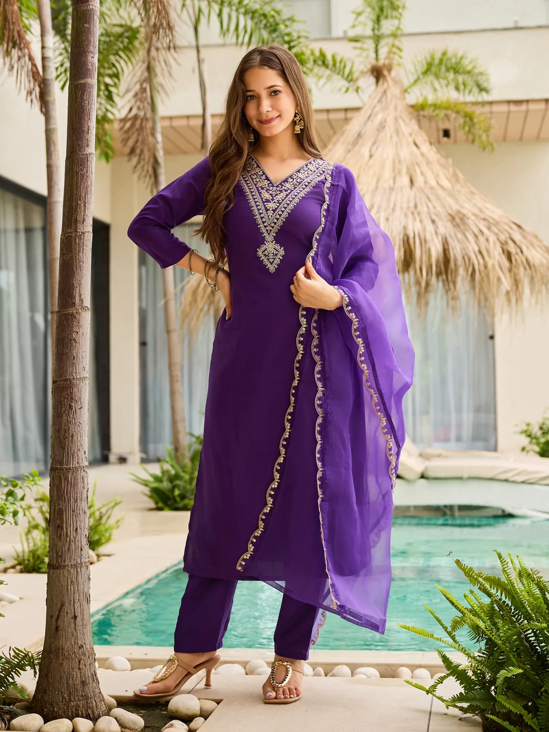 Purple Rayon Thread Work Salwar Suit with Organza Dupatta
