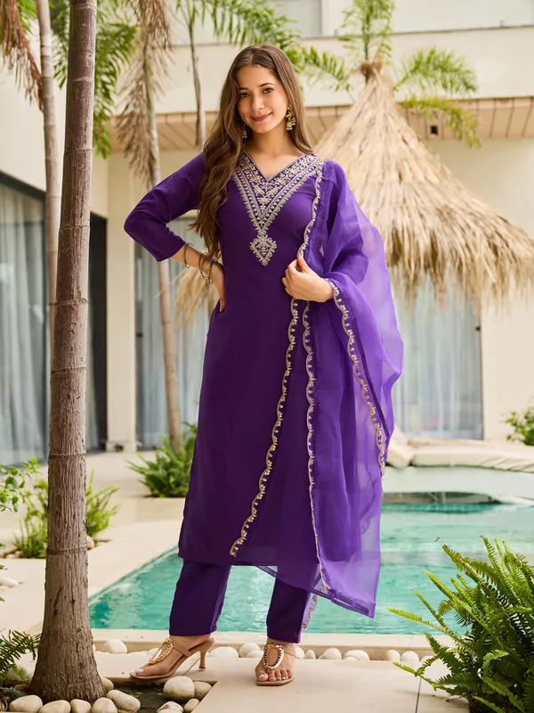 Purple Rayon Thread Work Salwar Suit with Organza Dupatta
