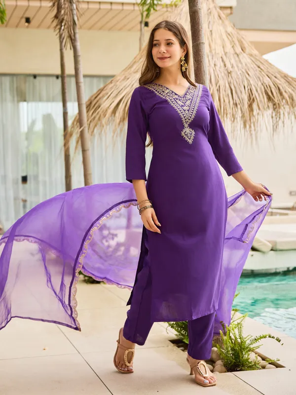 Purple Rayon Thread Work Salwar Suit with Organza Dupatta