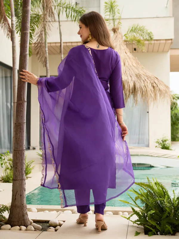 Purple Rayon Thread Work Salwar Suit with Organza Dupatta