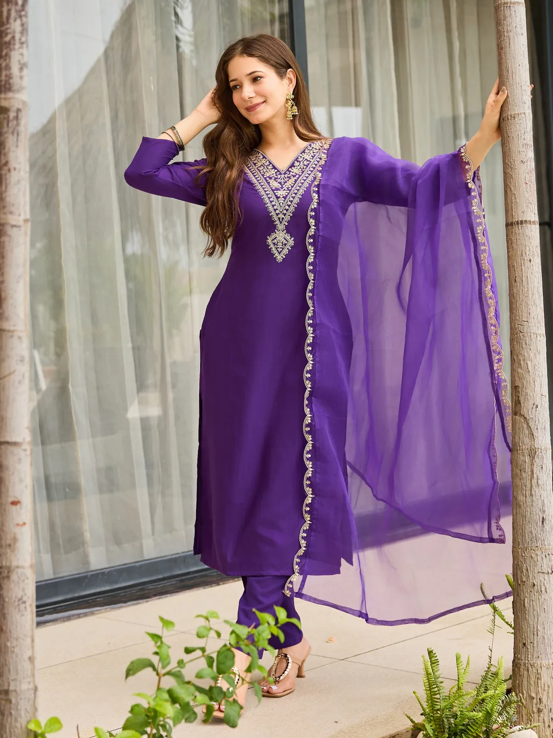 Purple Rayon Thread Work Salwar Suit with Organza Dupatta