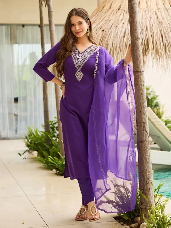 Purple Rayon Thread Work Salwar Suit with Organza Dupatta