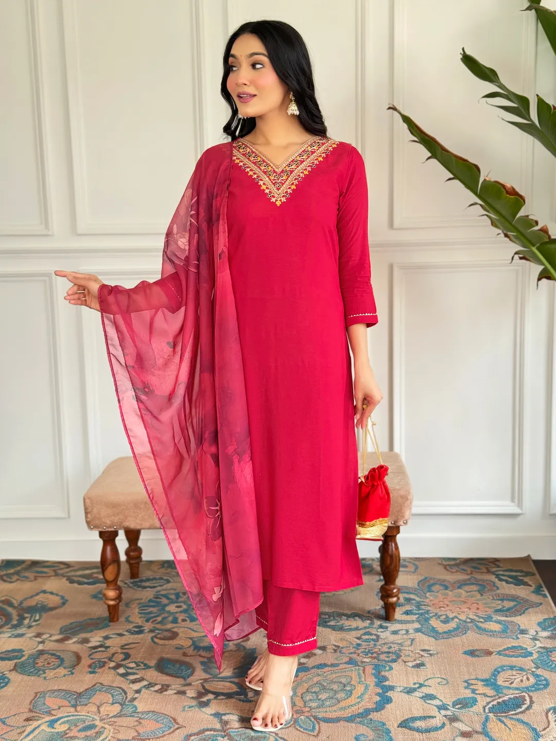 Wine Threadwork Salwar Suit with Silk Printed Dupatta