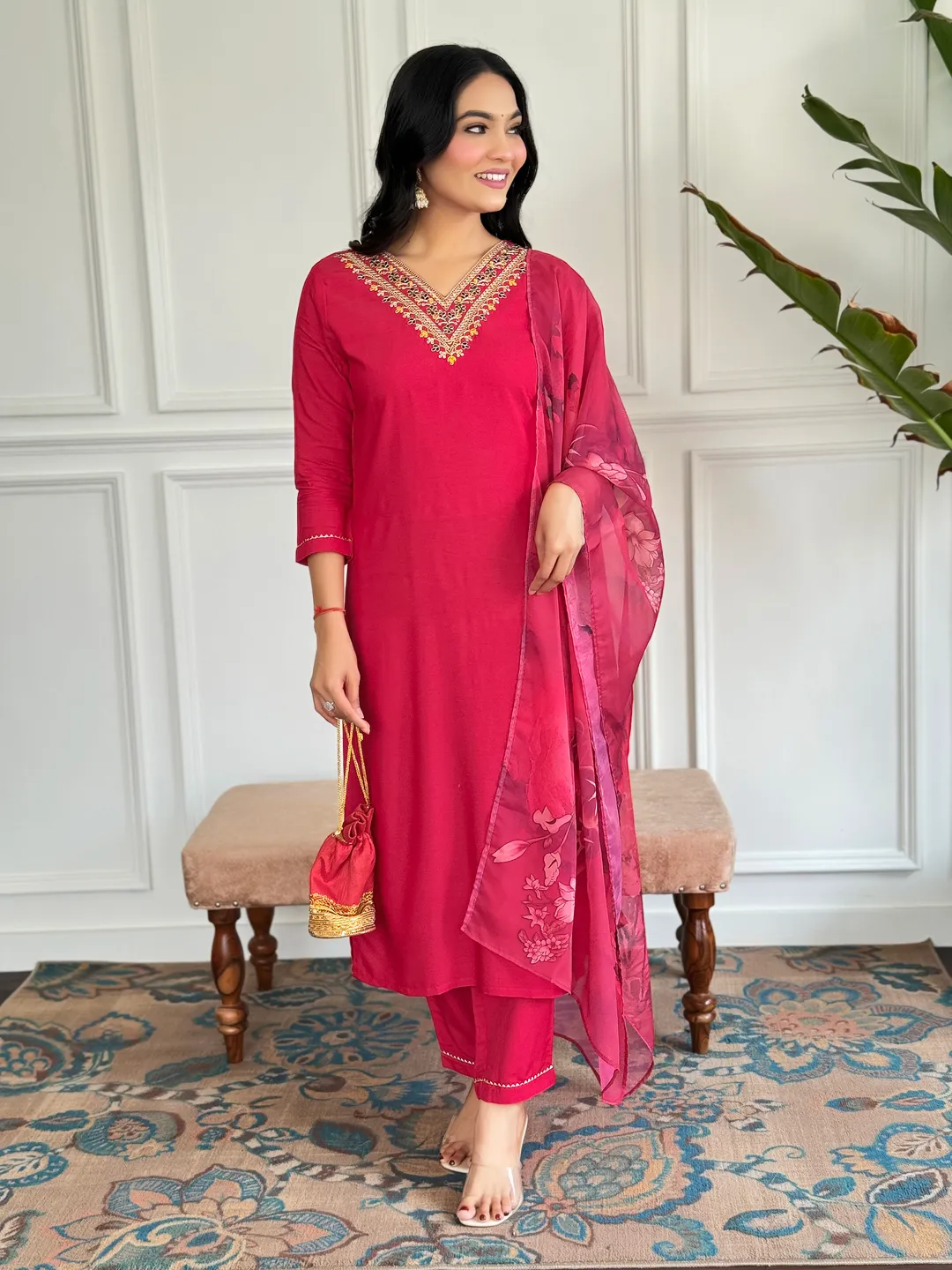 Wine Threadwork Salwar Suit with Silk Printed Dupatta