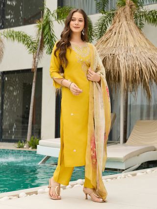 Yellow Threadwork  Readymade Salwar Suit