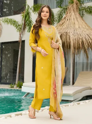 Yellow Threadwork Readymade Salwar Suit