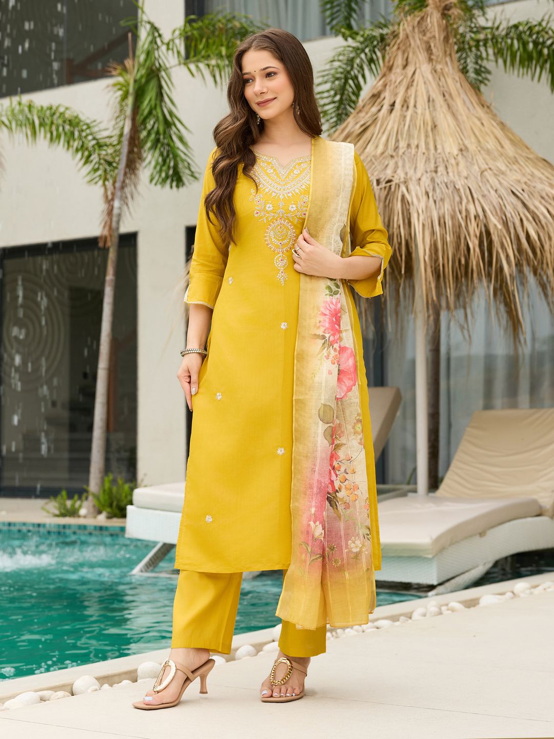 Yellow Threadwork  Readymade Salwar Suit