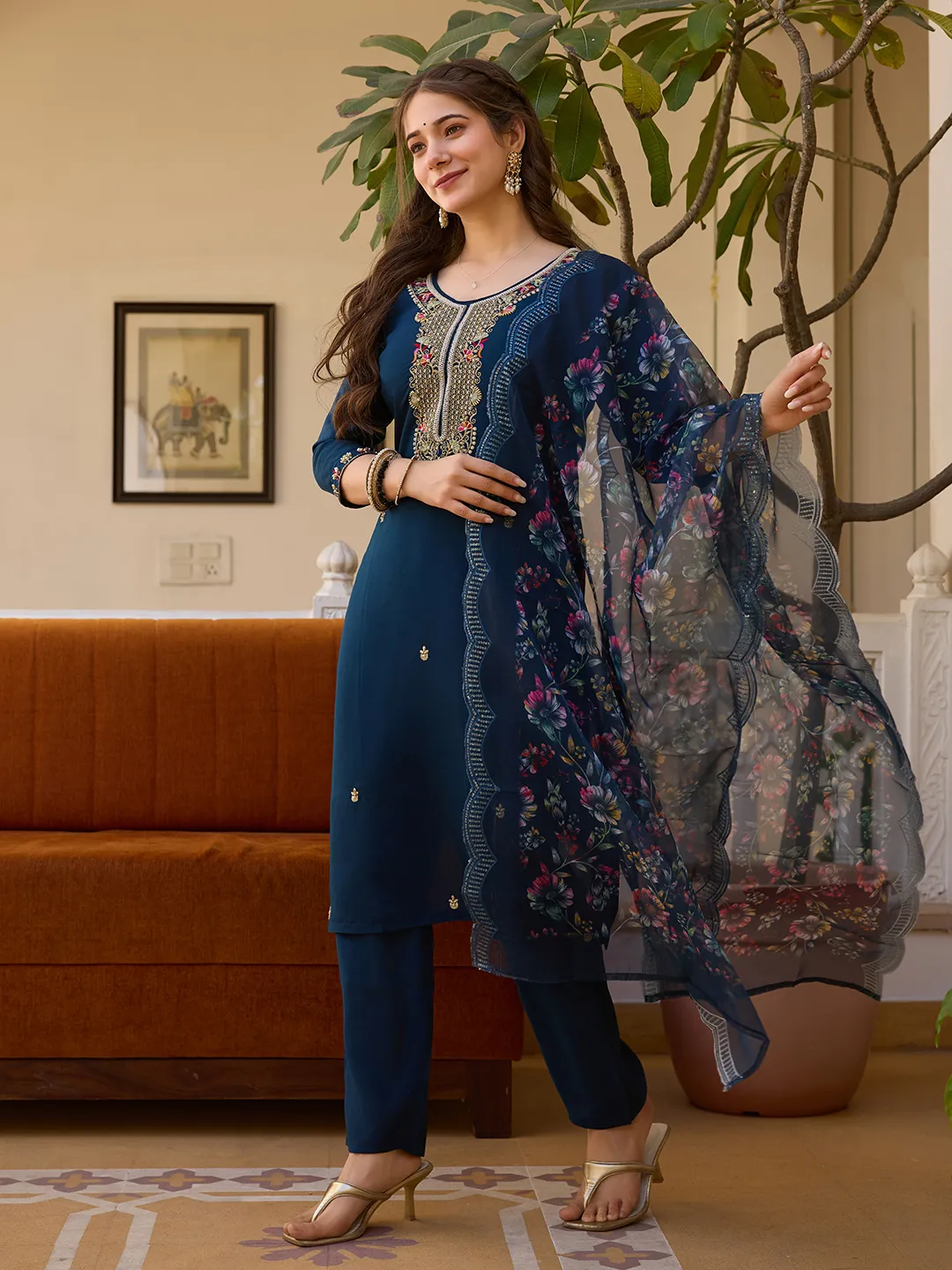 Navy Blue Threadwork  Readymade Salwar Suit